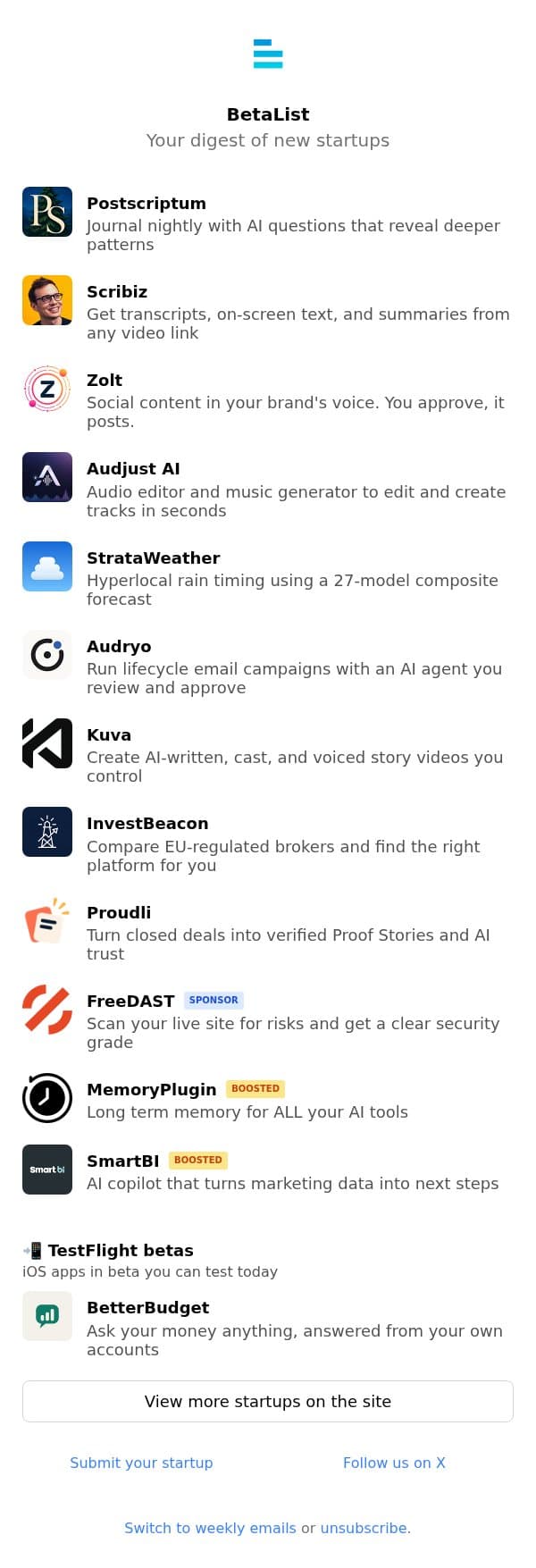 BetterBudget, Postscriptum, Scribiz, Zolt, Audjust AI, and more email from BetaList screenshot