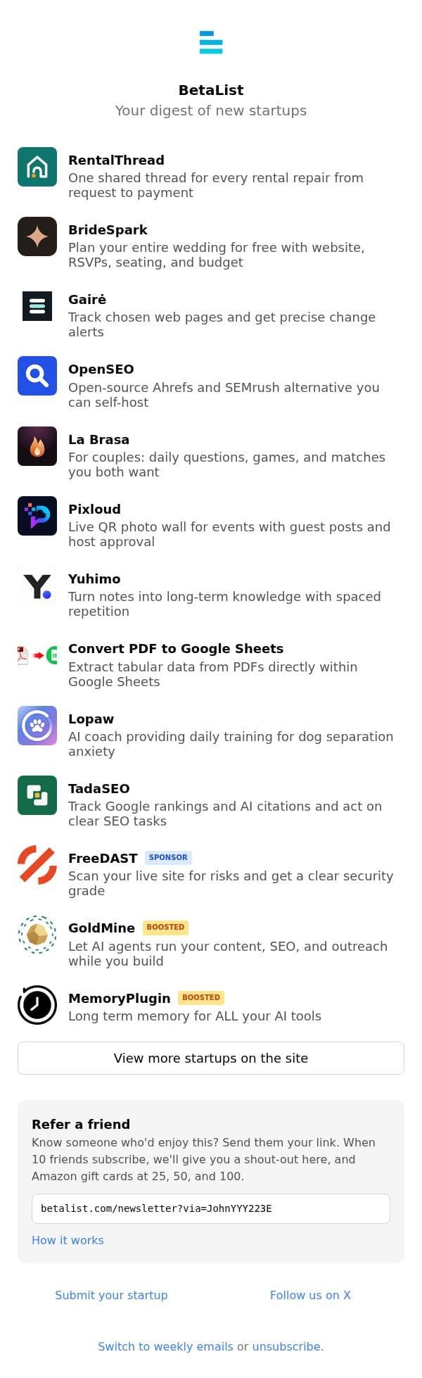 RentalThread, BrideSpark, Gairė, OpenSEO, La Brasa, and more email from BetaList screenshot