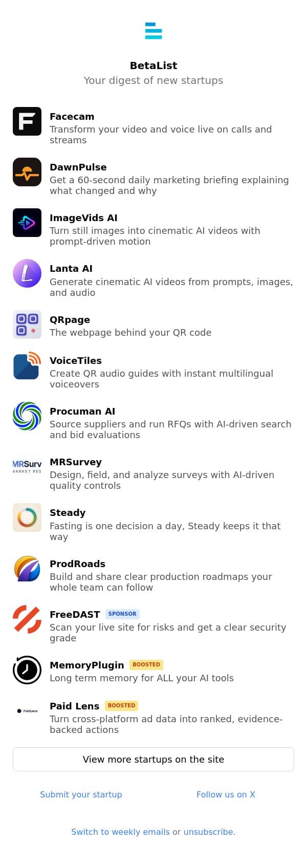 DawnPulse, ImageVids AI, Lanta AI, QRpage, VoiceTiles, and more email from BetaList screenshot