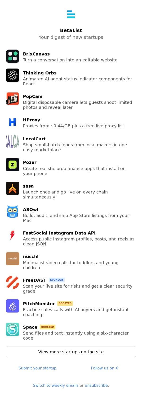BrixCanvas, Thinking Orbs, PopCam, HProxy, LocalCart, and more email from BetaList screenshot