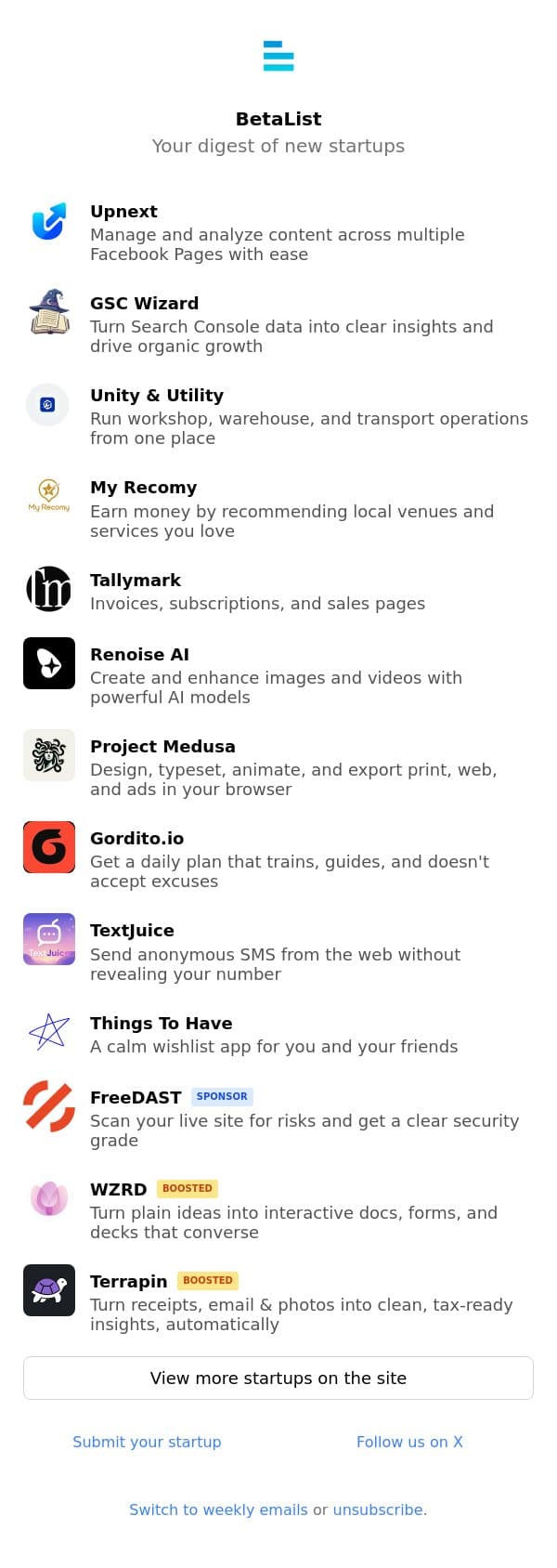 Upnext, GSC Wizard, Unity & Utility, My Recomy, Tallymark, and more email from BetaList screenshot