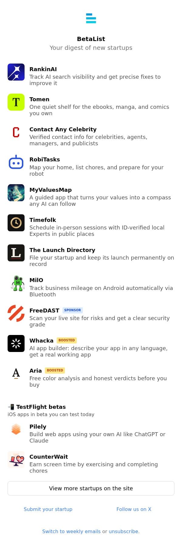 RankinAI, Tomen, Contact Any Celebrity, RobiTasks, MyValuesMap, and more email from BetaList screenshot