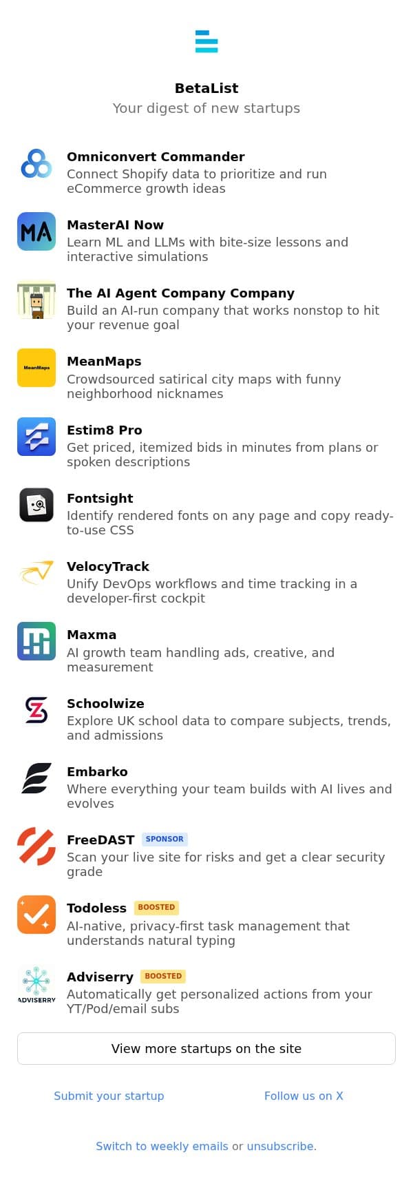 Omniconvert Commander, MasterAI Now, The AI Agent Company Company, MeanMaps, Estim8 Pro, and more email from BetaList screenshot
