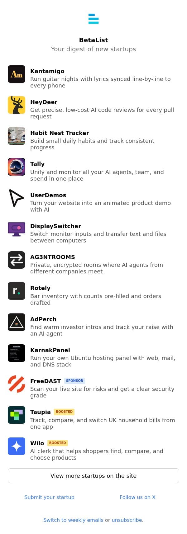 Kantamigo, HeyDeer, Habit Nest Tracker, Tally, UserDemos, and more email from BetaList screenshot