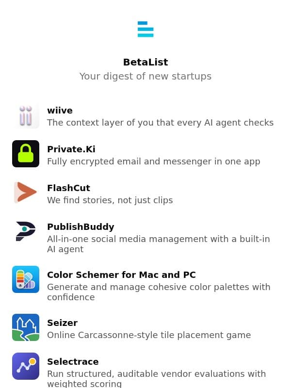 wiive, Private.Ki, FlashCut, PublishBuddy, Color Schemer for Mac and PC, and more email from BetaList