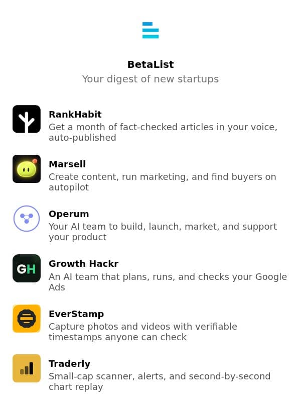 RankHabit, HARDER, Marsell, Operum, Growth Hackr, and more email from BetaList