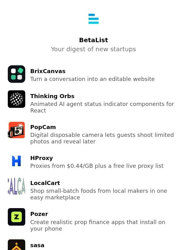 BrixCanvas, Thinking Orbs, PopCam, HProxy, LocalCart, and more email from BetaList