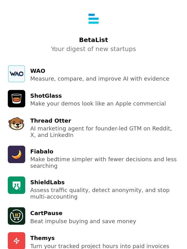 WAO, ShotGlass, Thread Otter, Fiabalo, BeartIMAGE, and more email from BetaList