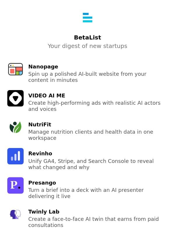 Nanopage, VIDEO AI ME, NutriFit, Revinho, Presango, and more email from BetaList