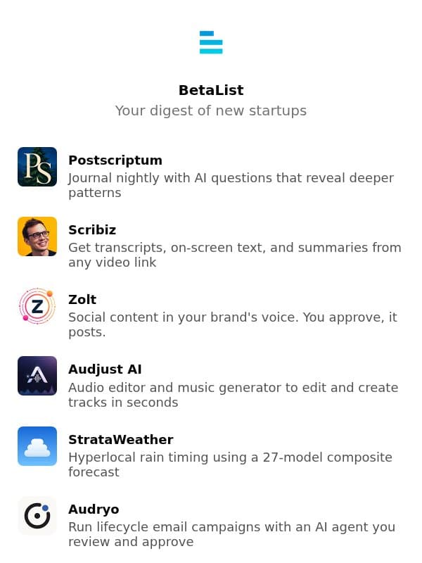 BetterBudget, Postscriptum, Scribiz, Zolt, Audjust AI, and more email from BetaList