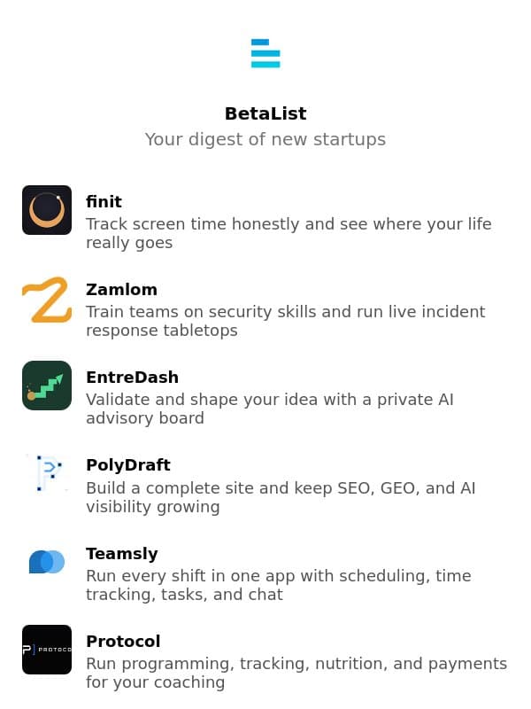 finit, Zamlom, EntreDash, PolyDraft, Teamsly, and more email from BetaList