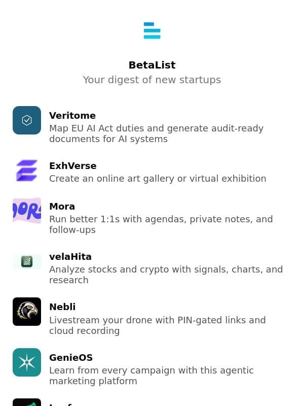 Veritome, ExhVerse, Mora, velaHita, Nebli, and more email from BetaList