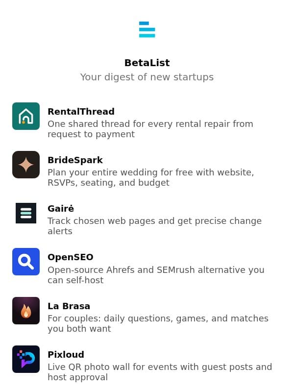RentalThread, BrideSpark, Gairė, OpenSEO, La Brasa, and more email from BetaList