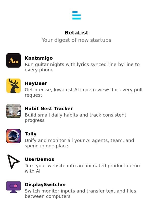 Kantamigo, HeyDeer, Habit Nest Tracker, Tally, UserDemos, and more email from BetaList