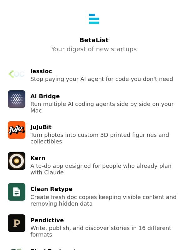 lessloc, AI Bridge, JuJuBit, Kern, Clean Retype, and more email from BetaList