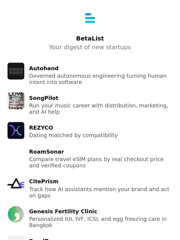 Autohand, SongPilot, REZYCO, RoamSonar, CitePrism, and more email from BetaList