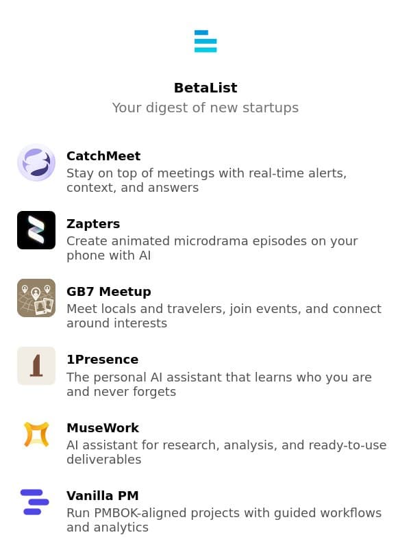 CatchMeet, Zapters, GB7 Meetup, 1Presence, MuseWork, and more email from BetaList