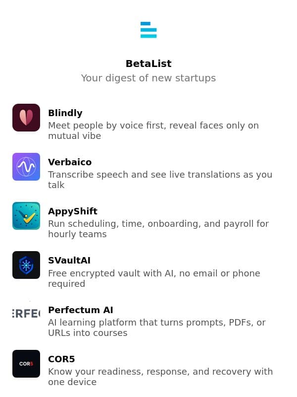 Blindly, Verbaico, AppyShift, SVaultAI, Perfectum AI, and more email from BetaList