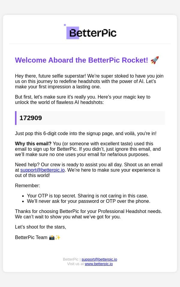 Confirm Your Signup email from BetterPic screenshot
