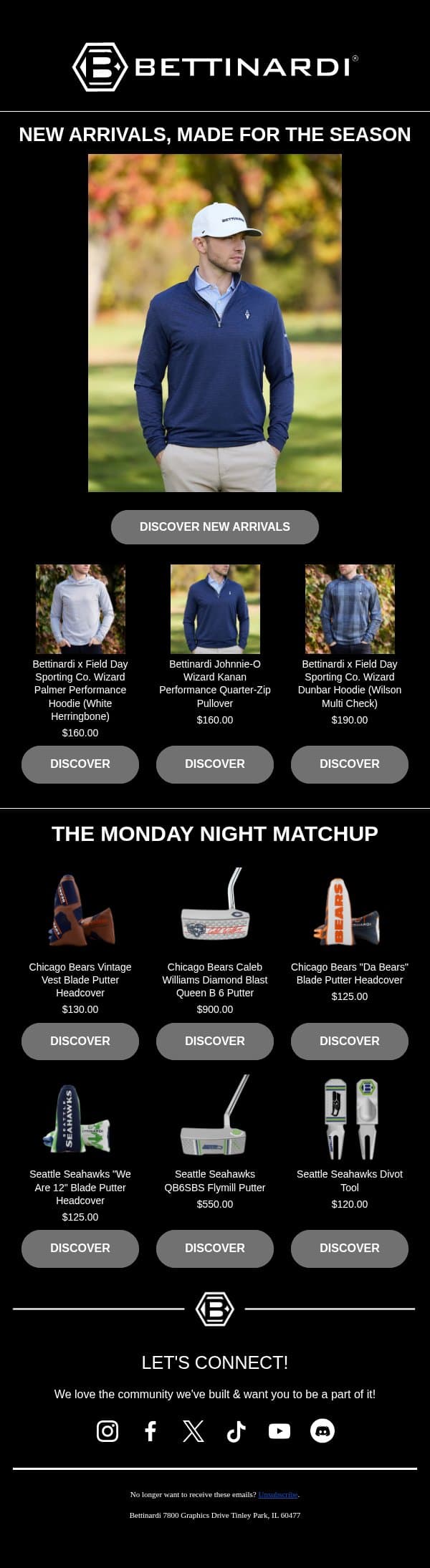 New Arrivals, Made for the Season email from Bettinardi Golf screenshot