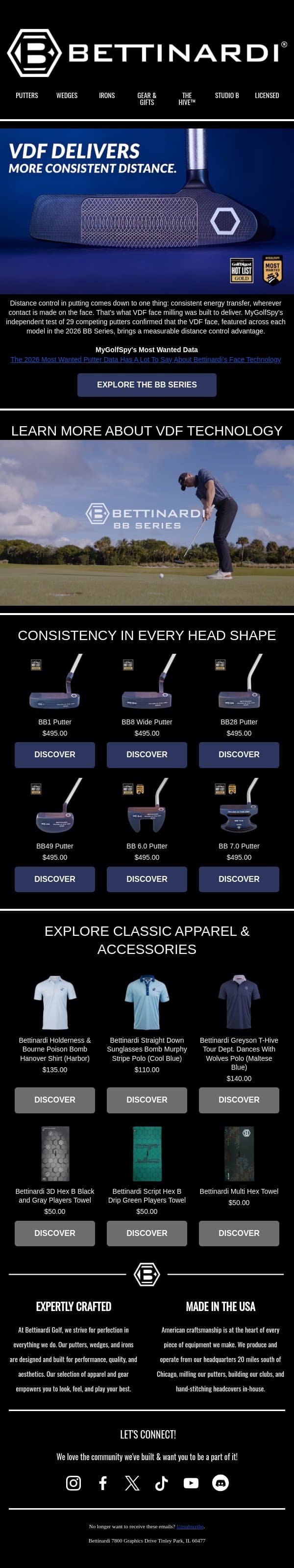 VDF Face Milling Delivers Results. email from Bettinardi Golf screenshot