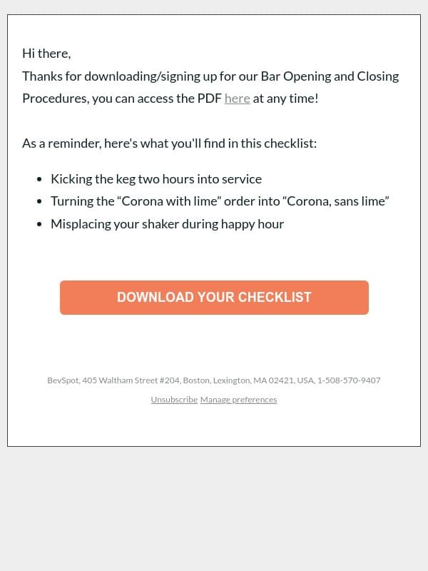 Bar Opening and Closing Procedures email from BevSpot