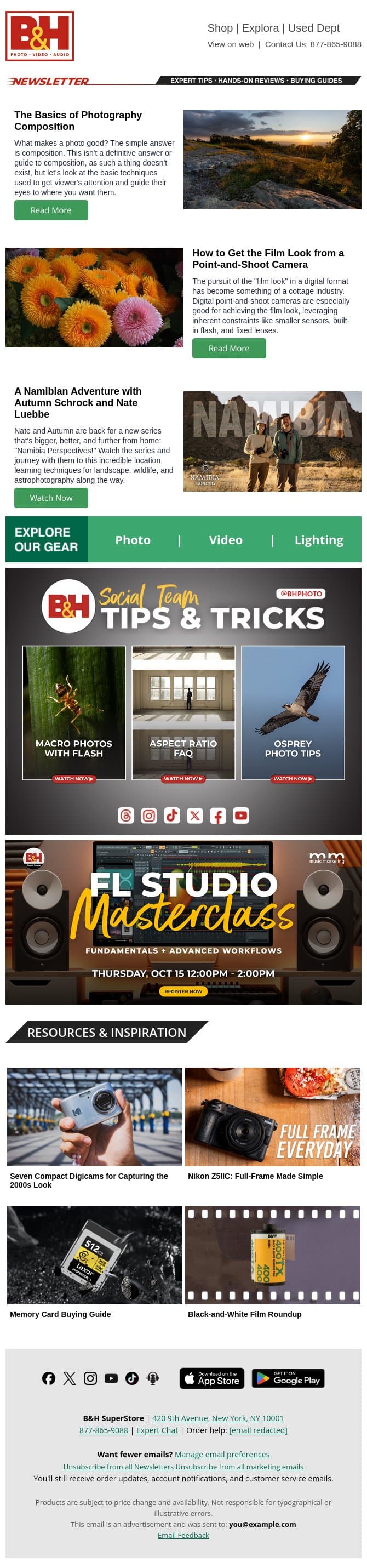 Photo Composition Basics, Getting the "Film" Look, Namibian Adventure Series & More! email from B&H Photo Video Pro Audio screenshot