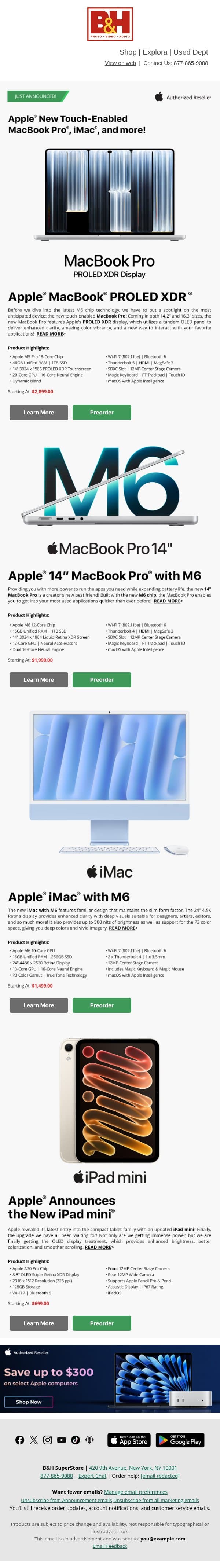 Apple Reveals New Touch-Enabled MacBook Pro, iMac, and more! email from B&H Photo Video Pro Audio screenshot