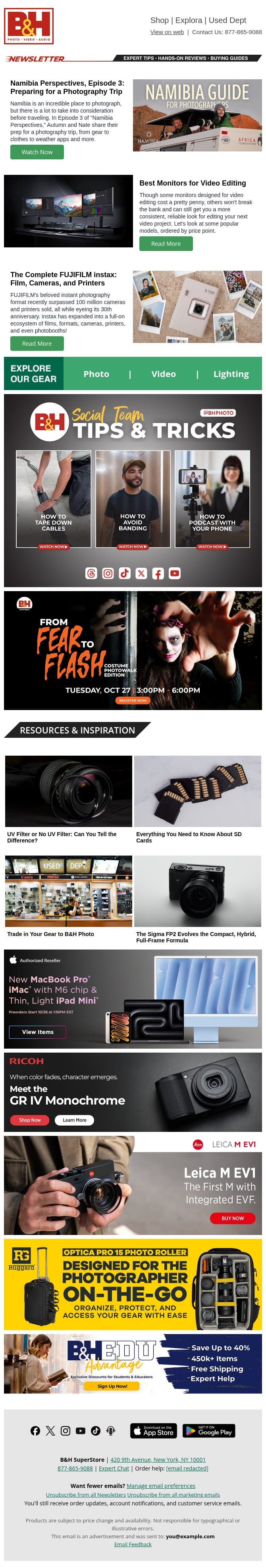 Preparing for a Photo Trip, Monitors for Video Editing, FUJIFILM instax Guide & More! email from B&H Photo Video Pro Audio screenshot