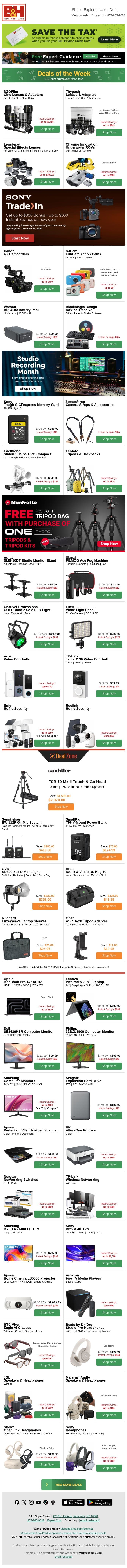 Just In: Huge Savings on Lenses, Computers, Headphones & More! email from B&H Photo Video Pro Audio screenshot