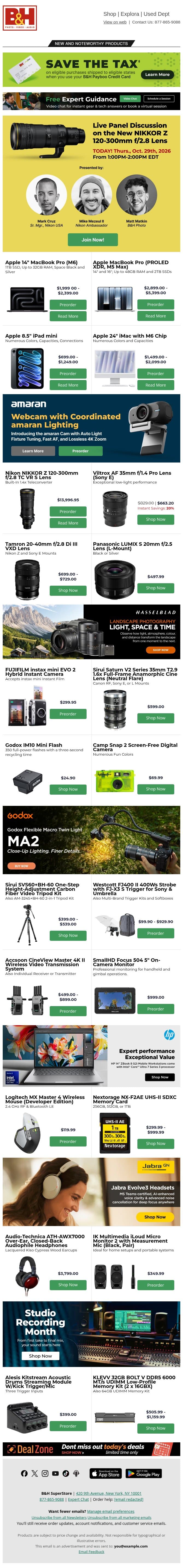 Join Live Panel on New Nikon 120-300mm f/2.8 Lens + New Gear from Apple, amaran & More! email from B&H Photo Video Pro Audio screenshot