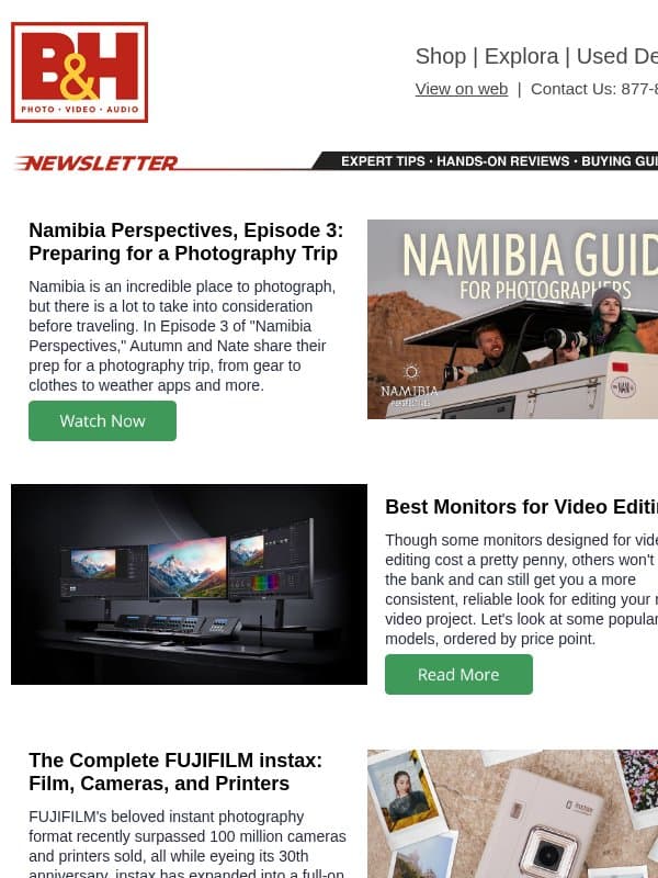 Preparing for a Photo Trip, Monitors for Video Editing, FUJIFILM instax Guide & More! email from B&H Photo Video Pro Audio