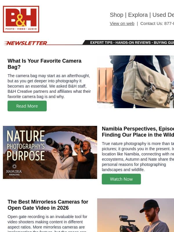 Our Favorite Camera Bags, Namibia Perspectives: Episode 2, Top Open Gate Mirrorless Cameras & More! email from B&H Photo Video Pro Audio