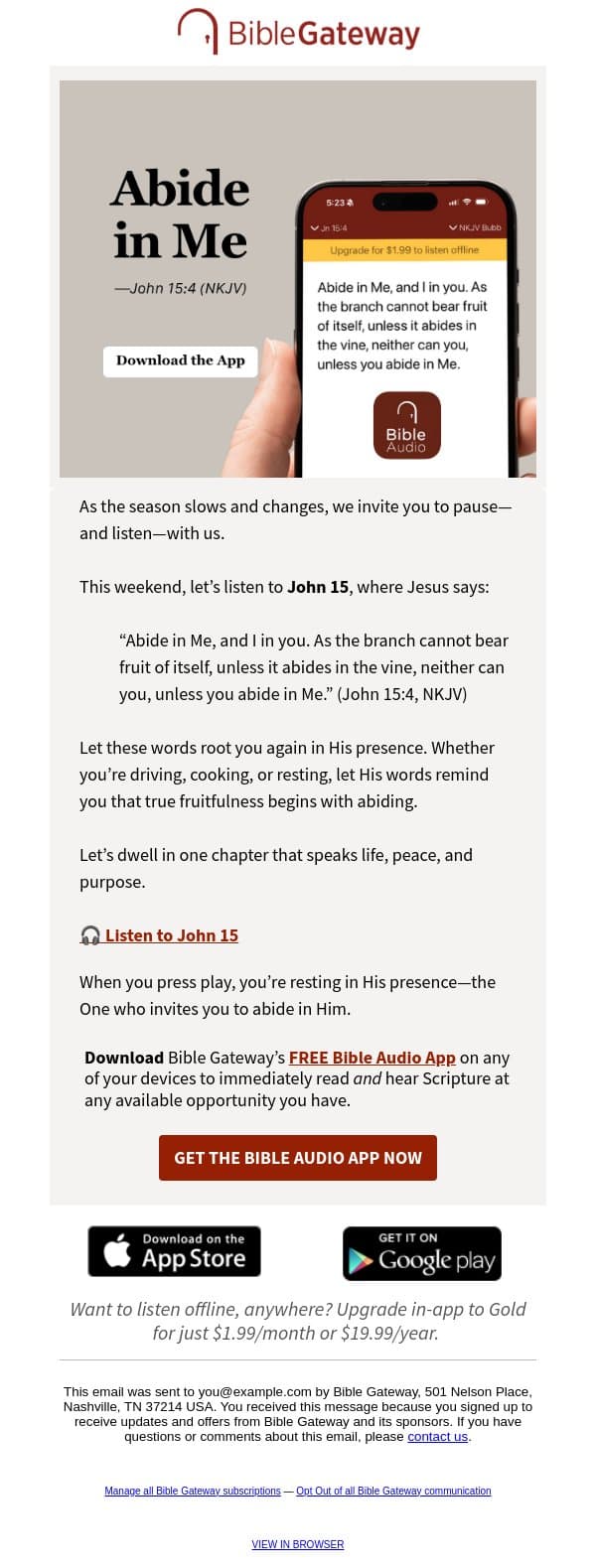 This weekend, let’s listen together: John 15 email from Bible Gateway screenshot