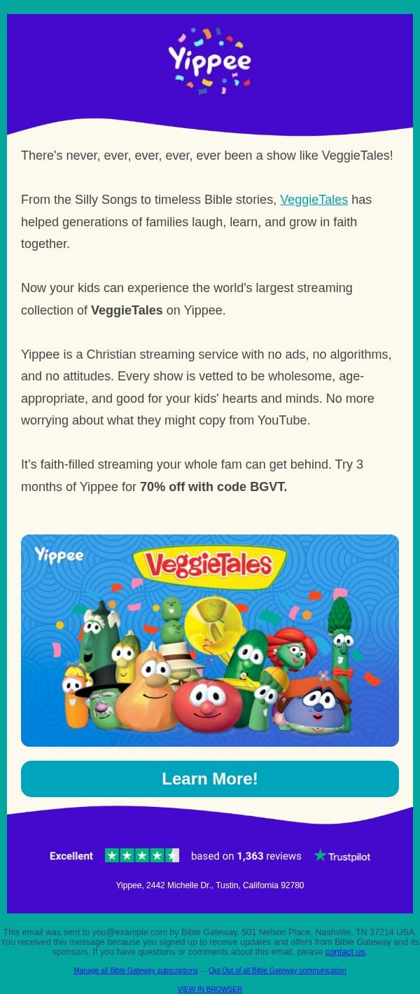You Grew Up with VeggieTales. Now your kids can too. email from Bible Gateway screenshot