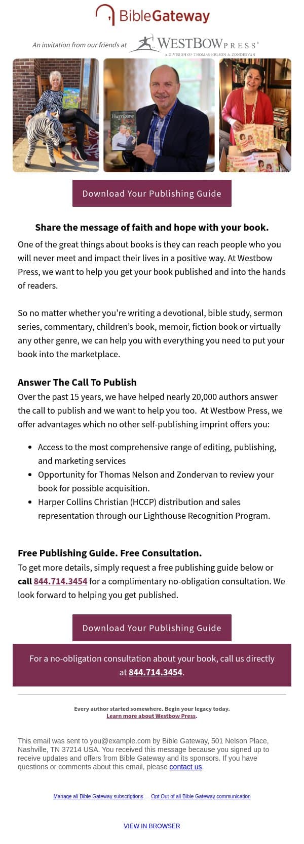 All the services and support you need to publish your book email from Bible Gateway screenshot