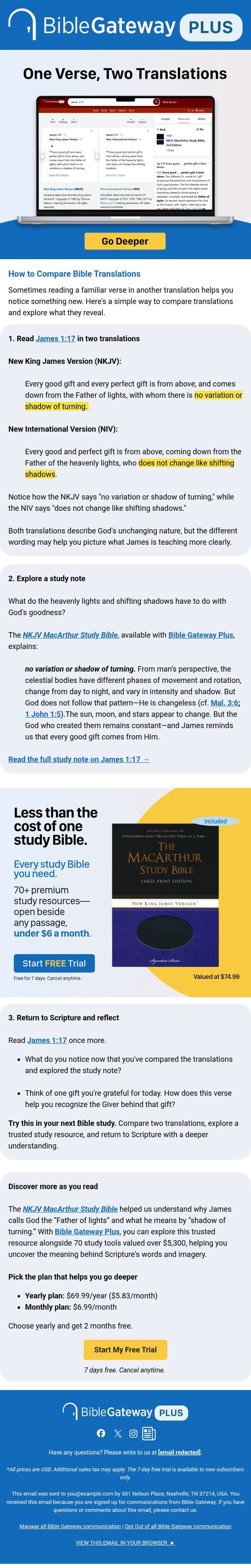 Why does James 1:17 read differently? email from Bible Gateway screenshot