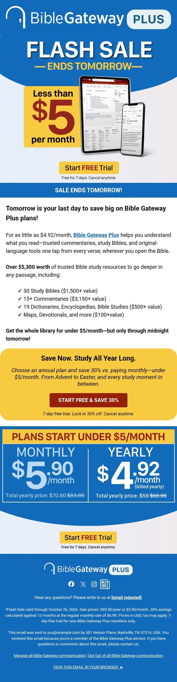 Ending Tomorrow: Plans Under $5/Month! email from Bible Gateway screenshot