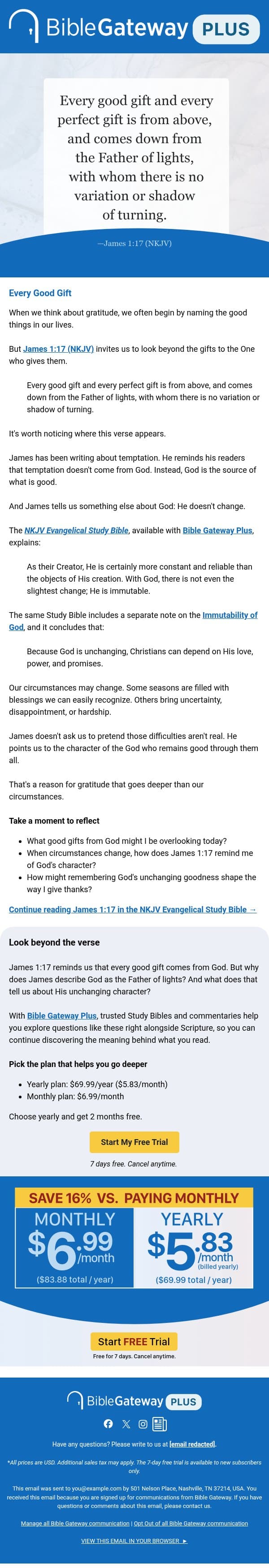 What James 1:17 tells us about God's goodness email from Bible Gateway screenshot