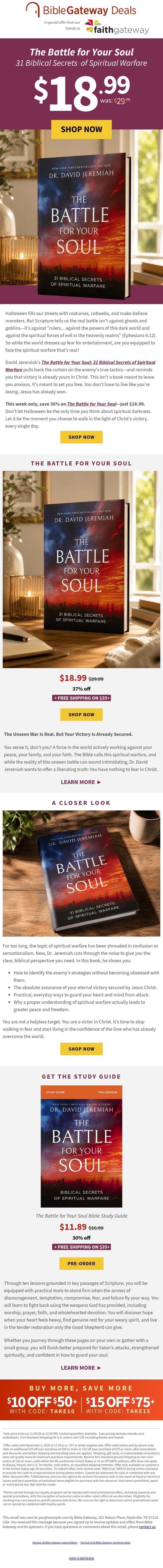 NEW from Dr. David Jeremiah: The Battle for Your Soul email from Bible Gateway screenshot