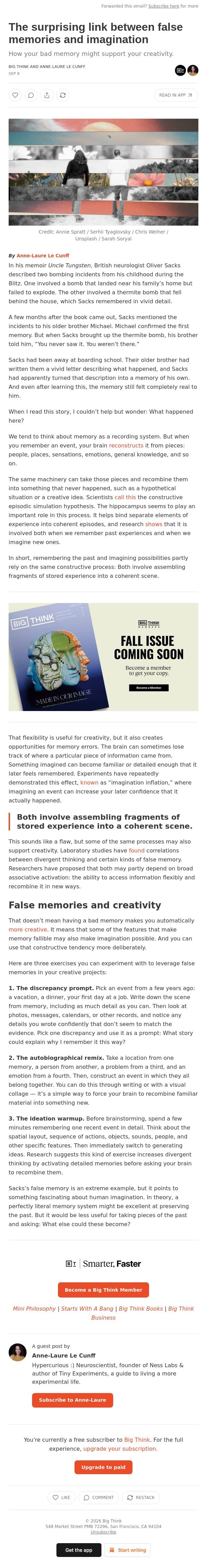 The surprising link between false memories and imagination email from Big Think screenshot