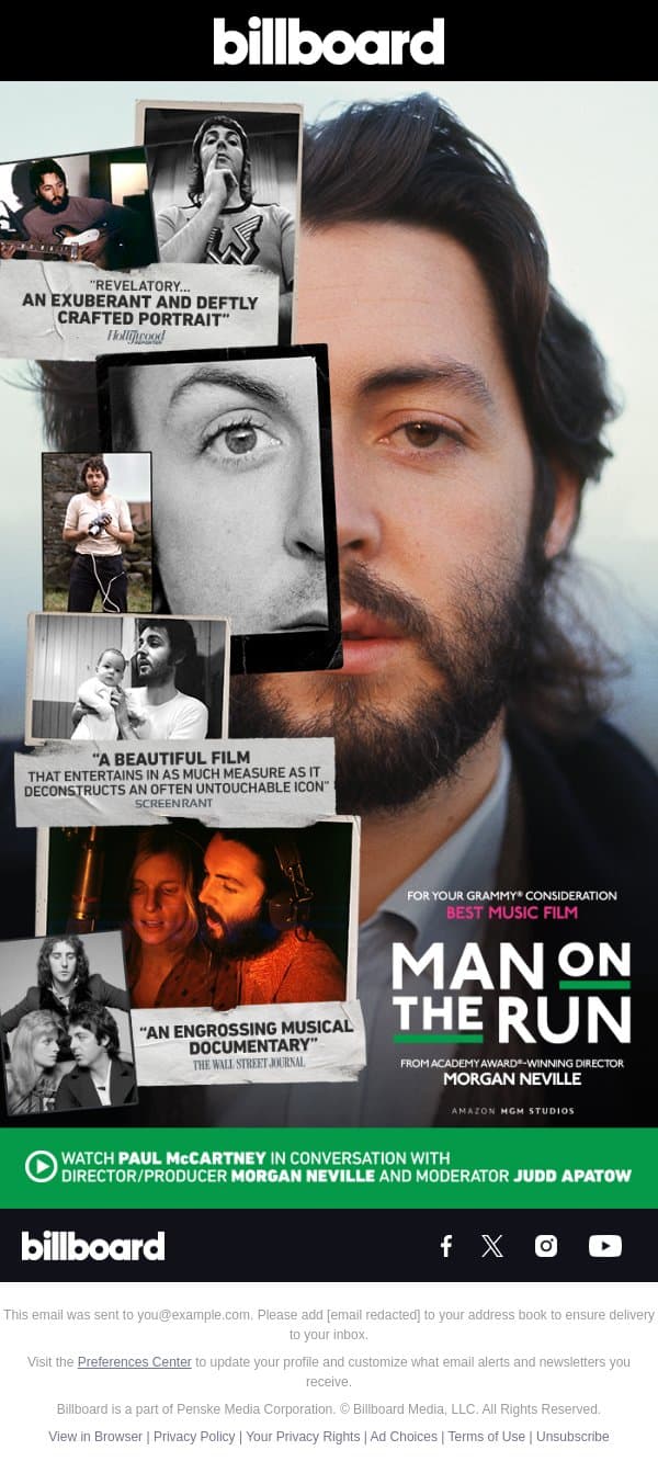 Watch Paul McCartney in Conversation with Morgan Neville | MAN ON THE RUN | Grammys® FYC — Best Music Film email from Billboard screenshot