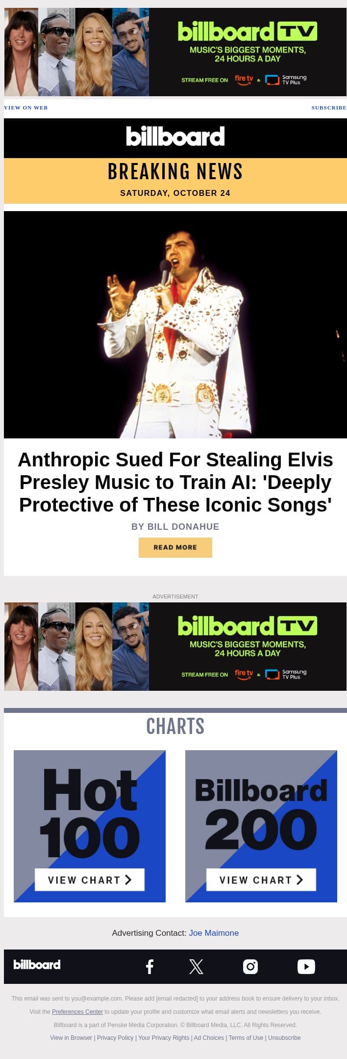 Anthropic Sued For Stealing Elvis Presley Music to Train AI: 'Deeply Protective of These Iconic Songs' email from Billboard screenshot