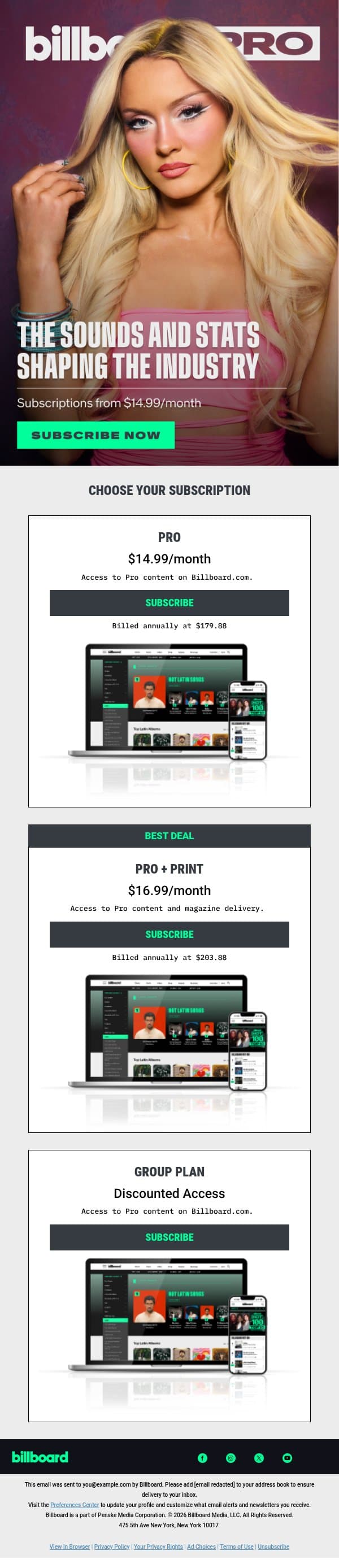 One Source. Every Stat. Starting from $14.99 a month. email from Billboard screenshot