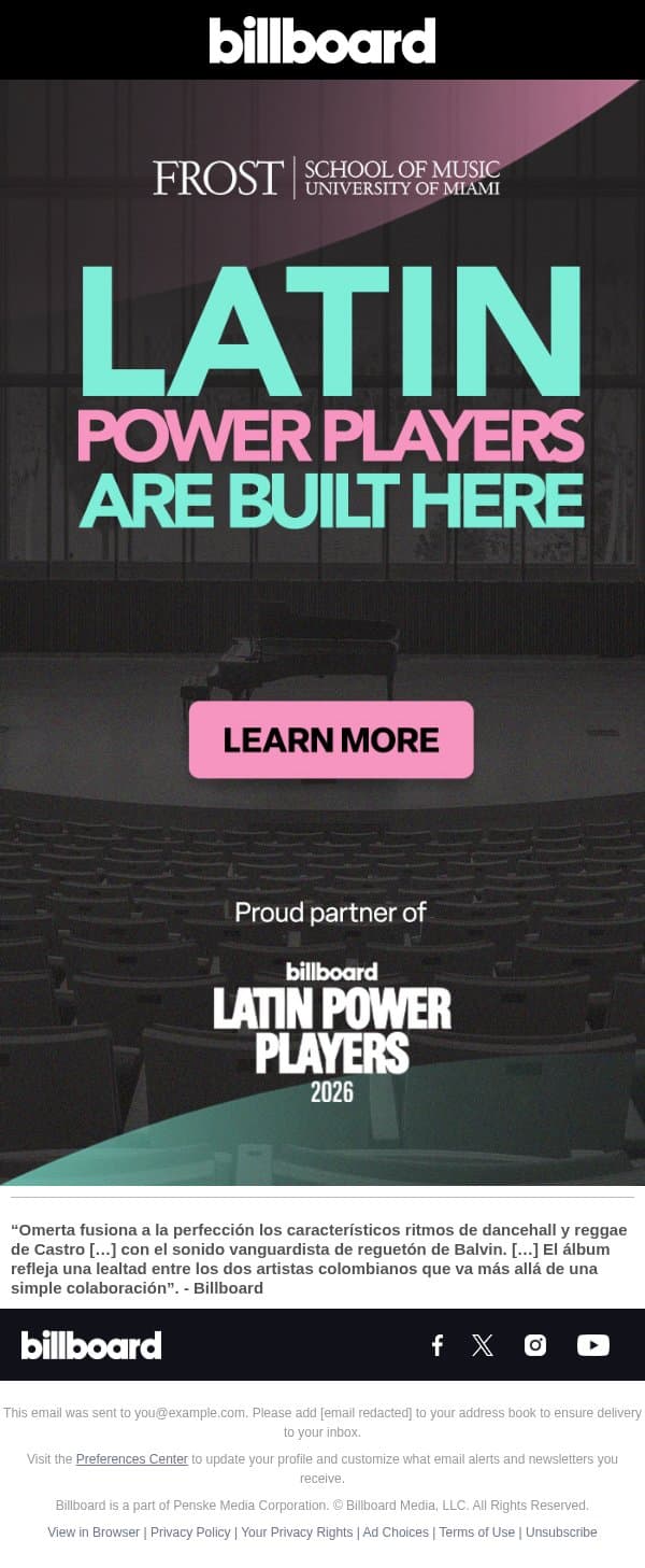 Latin Power Players Are Built Here. email from Billboard screenshot