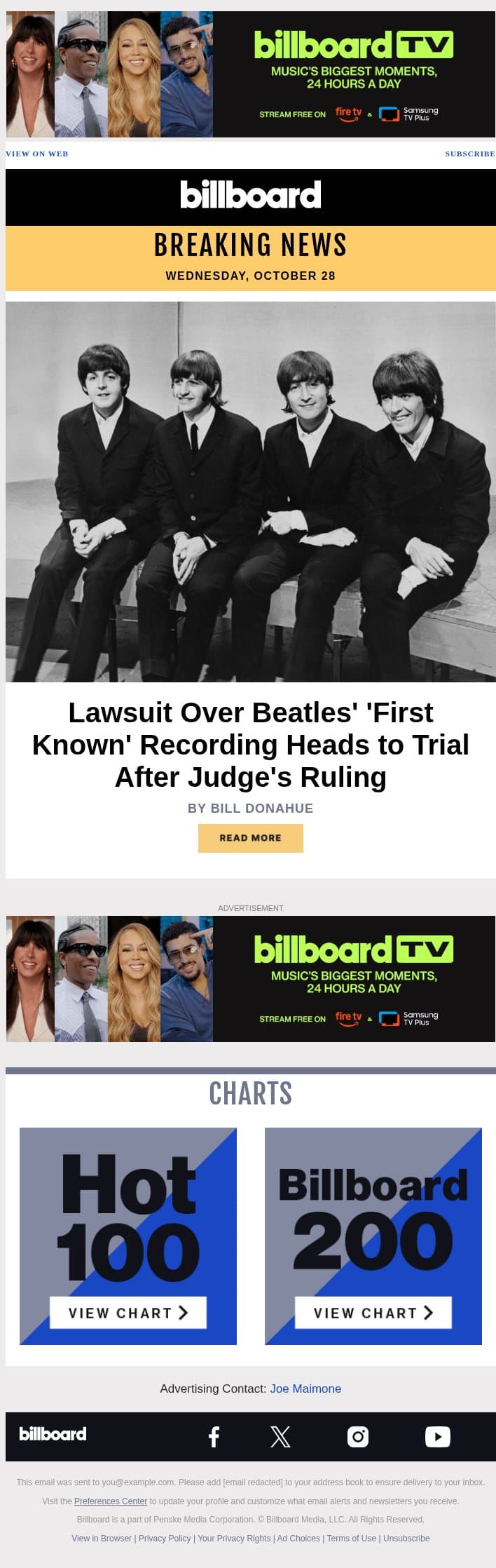 Lawsuit Over Beatles' 'First Known' Recording Heads to Trial After Judge's Ruling email from Billboard screenshot