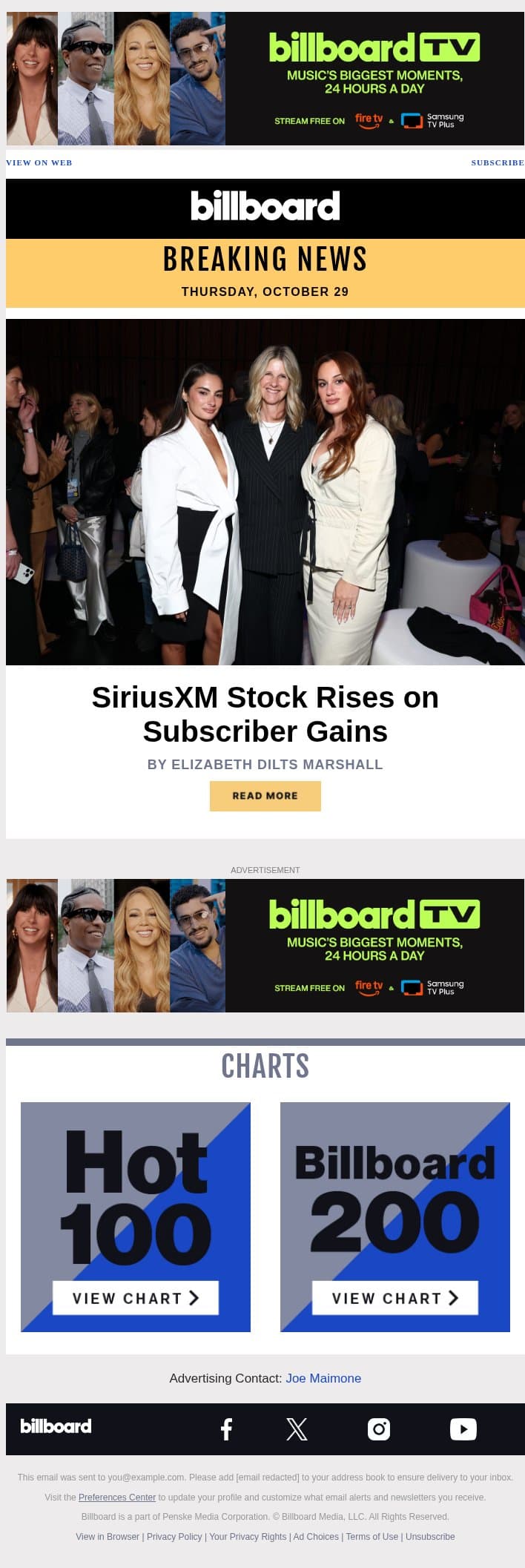 Sirius XM Sees Stock Rise in Q3 email from Billboard screenshot