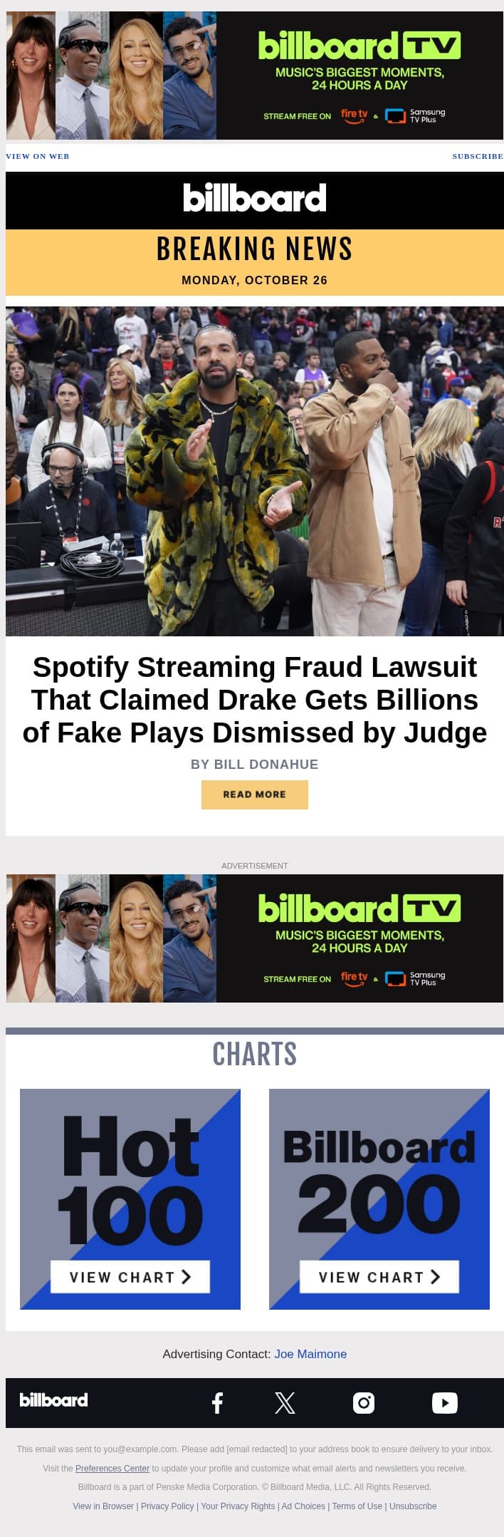 Spotify Lawsuit Claiming Drake Gets Billions of Fake Plays Dismissed by Judge email from Billboard screenshot