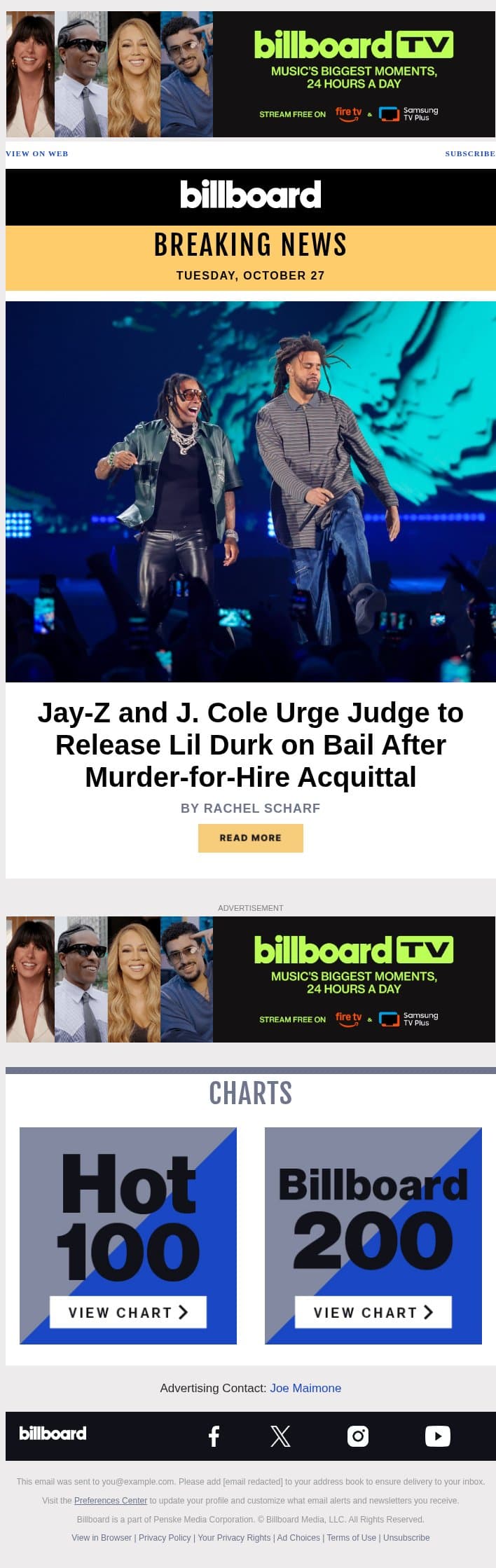 Jay-Z & J. Cole Lobby for Lil Durk's Release on Bail After Murder-for-Hire Acquittal email from Billboard screenshot