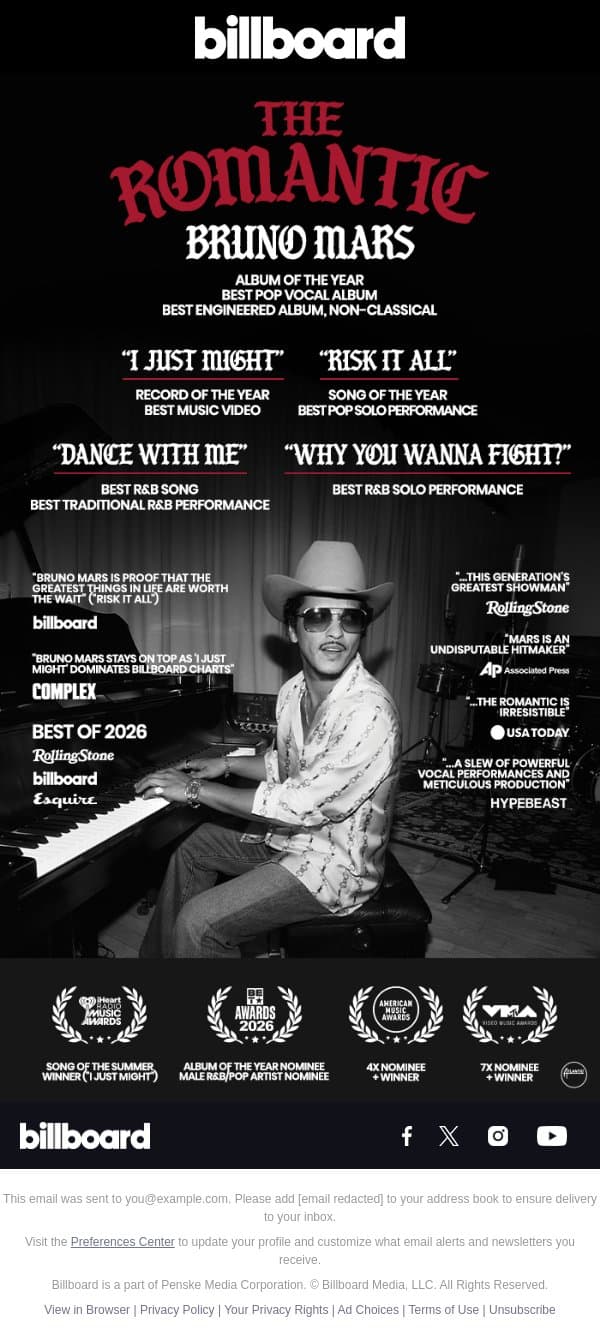 BRUNO MARS - The Romantic: For Your GRAMMY® Consideration email from Billboard screenshot